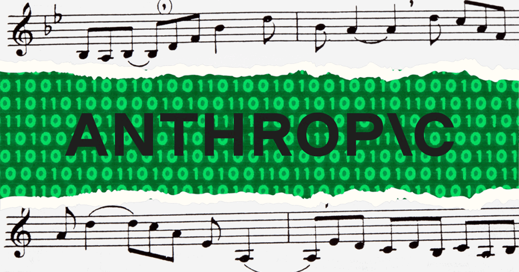 Black and white musical notation overlaid with binary code and the word “Anthropic” in bold green font, symbolizing AI’s use of copyrighted content.