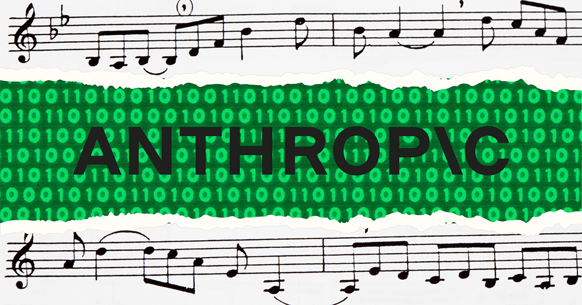 Black and white musical notation overlaid with binary code and the word “Anthropic” in bold green font, symbolizing AI’s use of copyrighted content.