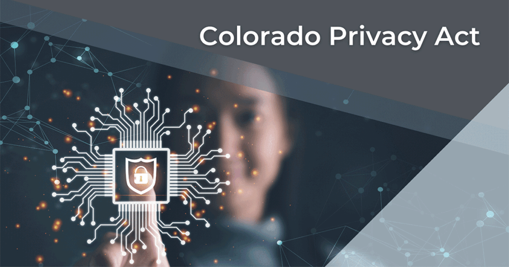 Woman standing in front of a digital screen displaying “Colorado Privacy Act,” symbolizing data privacy enforcement and compliance in the tech era.