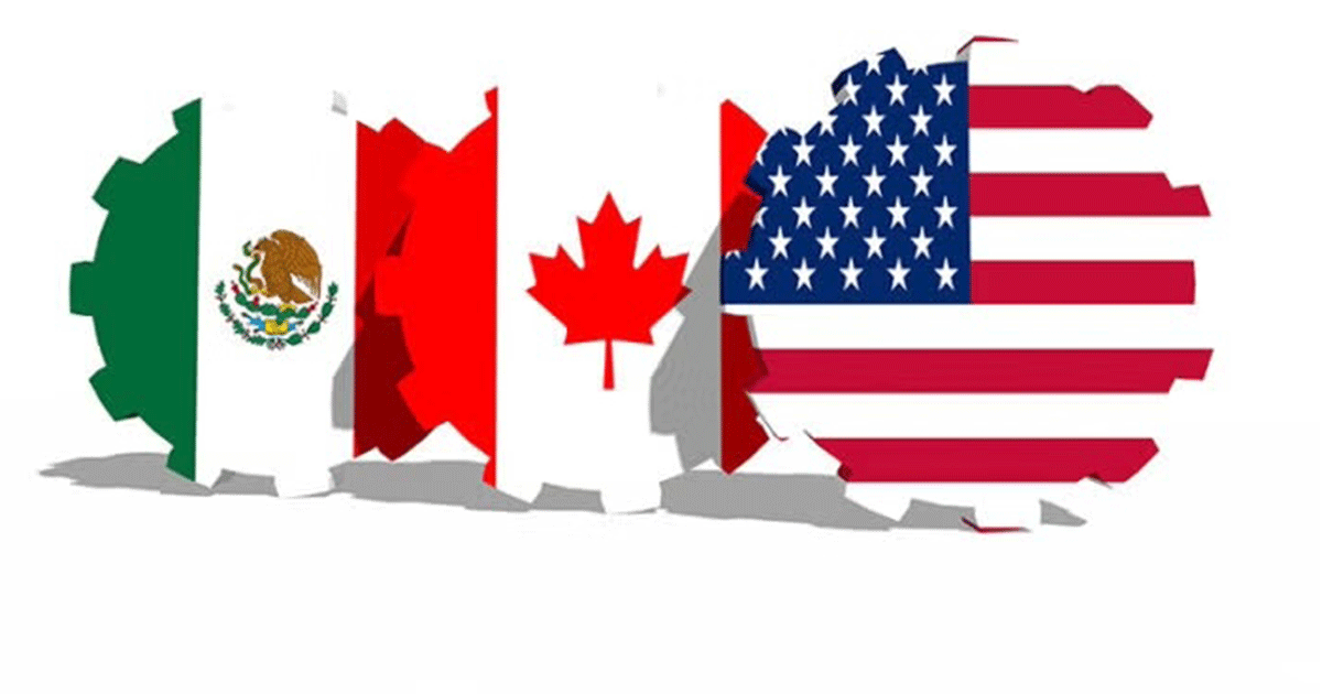 Interlocking gears with the flags of Mexico, Canada, and the United States representing USMCA trade integration