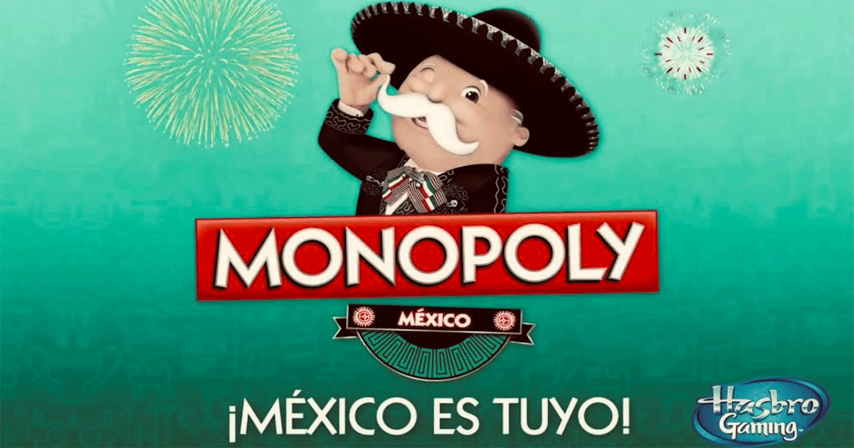 Monopoly México edition cover featuring mascot in traditional charro outfit with fireworks, symbolizing antitrust reform and market power in Mexico.