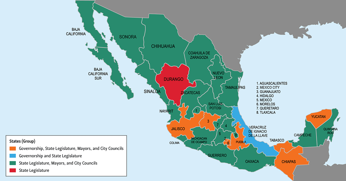 Map of Mexico showing state elections and legislative groups, highlighting the impact of the 2024 judicial reform on courts, ADR, and foreign investment risk.